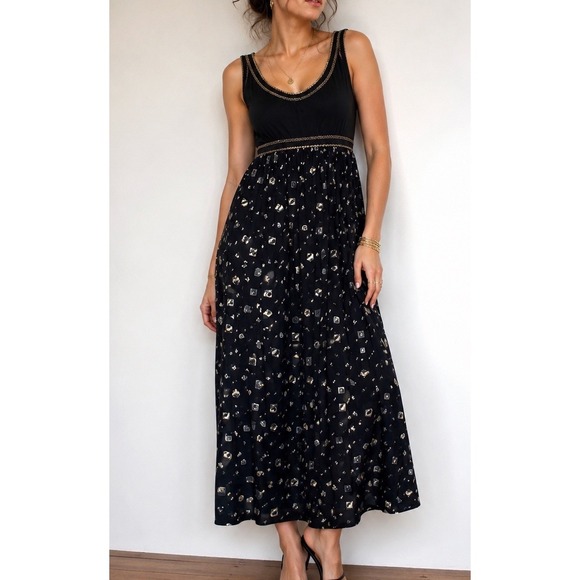 Santa Fe Dresses & Skirts - Vintage 90s Santa Fe Empire Waist Midi Dress Sz 4 Cotton Rayon Gold Geometric
